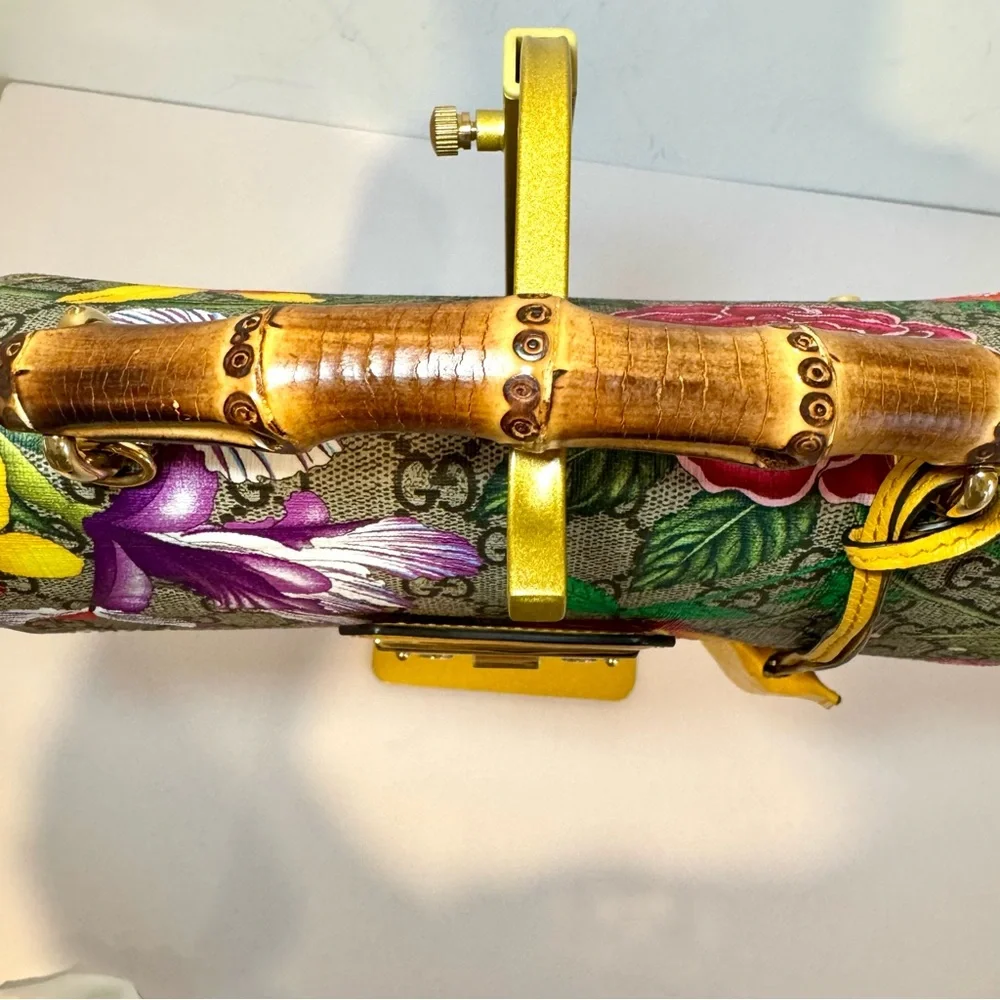 Gucci GG Supreme Monogram Logo Flora Yellow Small Padlock Bamboo Bag W Crossbody - Picture 6 of 16